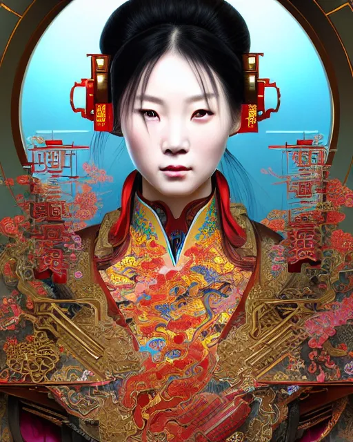 Image similar to portrait of a chinese cyberpunk machine, machine face, arms, upper half portrait, decorated with chinese opera motifs, regal, asian, fine china, wuxia, traditional chinese art intricate intense elegant 京 剧 highly detailed digital painting artstation concept art smooth sharp focus illustration, art by artgerm and greg rutkowski alphonse mucha 8 k