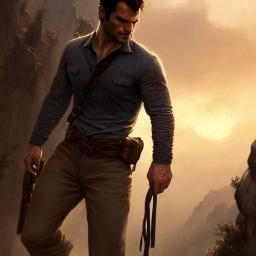 Image similar to Henry Cavill as Nathan Drake, western, D&D, fantasy, intricate, elegant, highly detailed, digital painting, artstation, concept art, matte, sharp focus, illustration, art by Artgerm and Greg Rutkowski and Alphonse Mucha