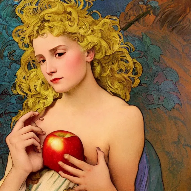 Image similar to an aesthetic! detailed close - up portrait of an aesthetic woman, dressed in silk, crying while holding an apple, by frank frazetta and alphonse mucha, oil on canvas, bright colors, art nouveau, epic composition, dungeons and dragons fantasy art, hd, god - rays, ray - tracing, crisp contour - lines, huhd - 8 k