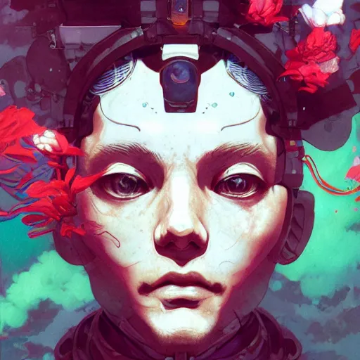 Prompt: surreal gouache painting, by yoshitaka amano, by ruan jia, by conrad roset, by kilian eng, by good smile company, detailed anime 3 d render of a mechanical android head with flowers growing out, portrait, cgsociety, artstation, modular patterned mechanical costume and headpiece, retrowave atmosphere