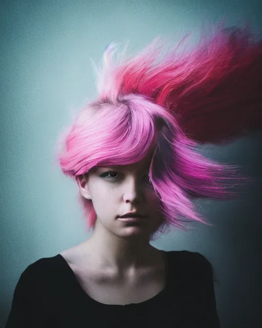Image similar to a dramatic lighting photo of a beautiful young woman with cotton candy hair. moody, melanchonic. with a little bit of cyan and pink
