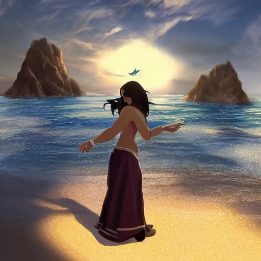 Prompt: photo, katara from avatar, 2 cj 3, beach, sand, intristic details, highly artistic, volumetric lighting