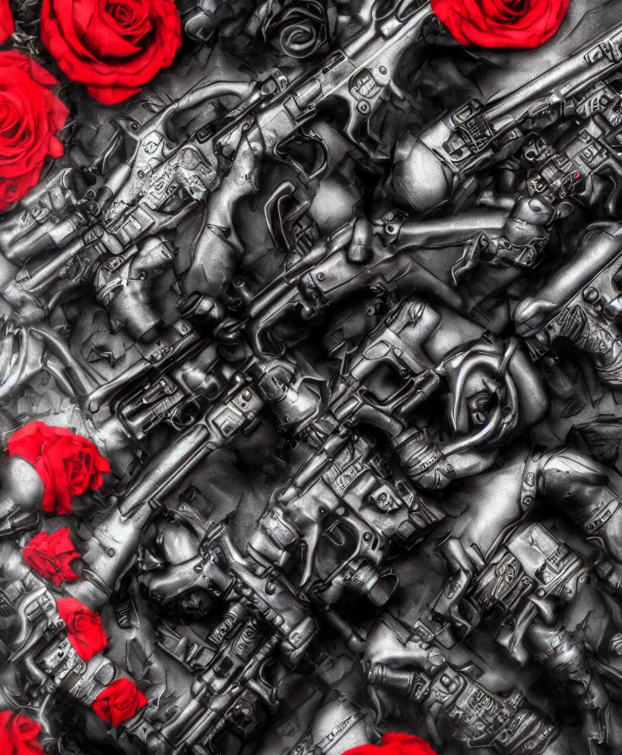 Image similar to close up guns and roses, ultra detailed, photorealistic, trending on artstation, 4 k, 8 k