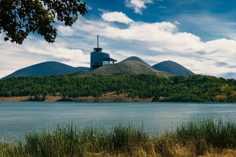 Image similar to a hill with a radio tower next to a lake, hills in background. telephoto lens photography.
