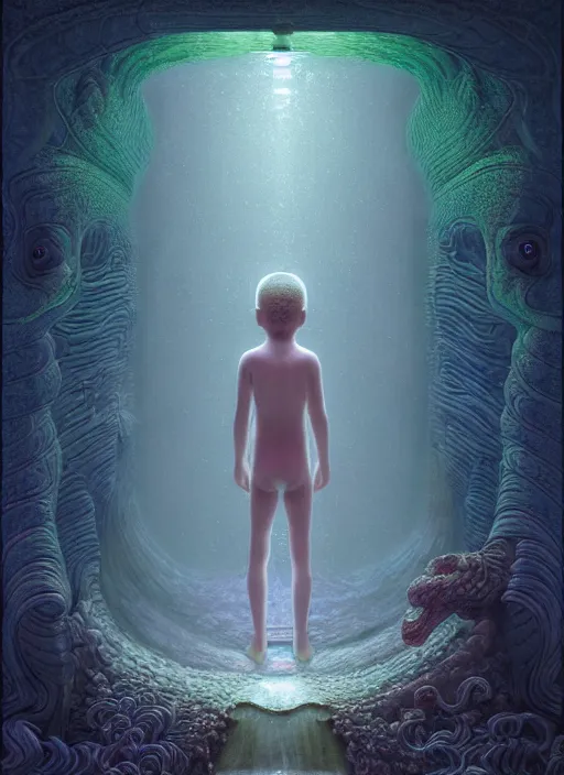 Image similar to hyperreal ultra detailed hypnagogic recollections from the waters of the unconscious. a 3 d psychopomp watching on. an ancient child. prismatic crystal light projections, a doorway threshold, a snake, sharp focus, global illumination, ornate, art by shaun tan, fenghua zhong and daniel merriam and dan mumford octane render