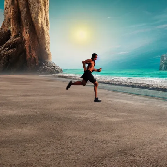 Image similar to jogger running on the beach, science fiction matte painting, highly detailed,