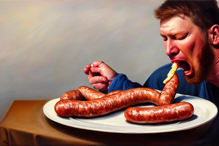 Image similar to ( ( a beautiful 8 k photorealistic masterpiece oil painting ) ( of ( a finnish man eating a sausage in seinajoki ) ) ) ( hyperrealism ) ( 1 6 k ) ( trending on artstation )