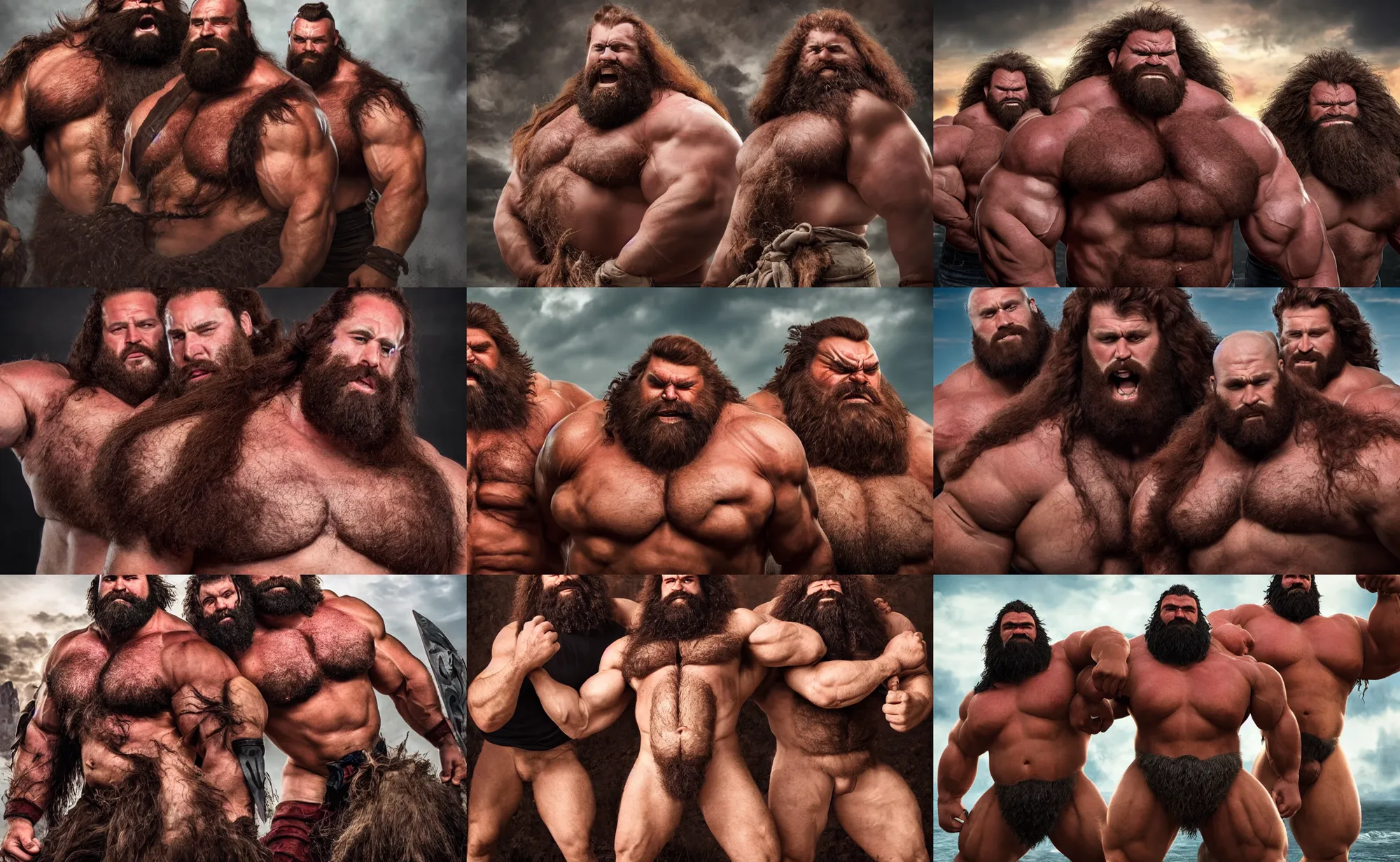 Prompt: big hairy thick masculine barbarian strongman kings with massive muscle and dark red hair with three heads, photography, highly detailed, epic, high definition, 4 k, 8 k, dad energy