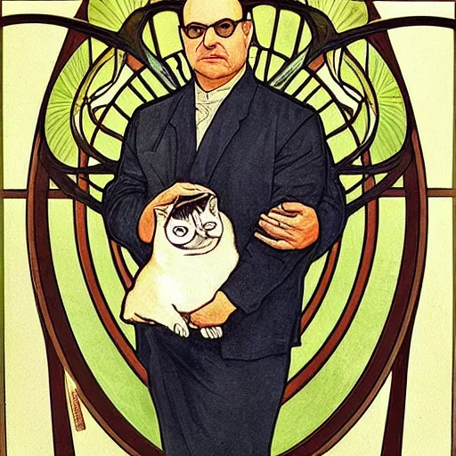 Image similar to “ george costanza from seinfeld holding grumpy cat aloft, halo, art nouveau, by alphonse mucha ”