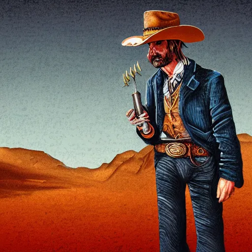 Prompt: A detailed digital art painting of a man in the wild west, weird west, award, dark scenery, spaghetti western