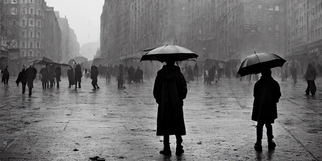 Image similar to medium shot | sadie sink in hoodie | lonely market stall selling umbrellas | in ruined square, pedestrians on both sides | steampunk tenement windows in background : 3 5 mm film, anamorphic, from schindler's list by steven spielberg. cyberpunk, cinematic atmosphere, detailed and intricate, perfect anatomy