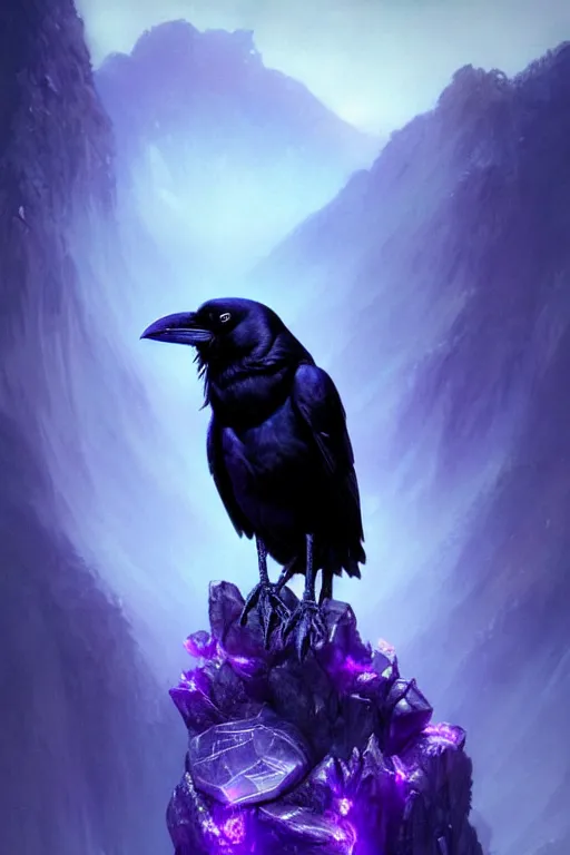 Image similar to portrait of a beautiful one raven perched on purple crystals that are glowing in a misty valley, establishing shot, extremly high detail, foto realistic, cinematic lighting, by yoshitaka amano, ruan jia, kentaro miura, artgerm, post processed, concept art, artstation, raphael lacoste, alex ross