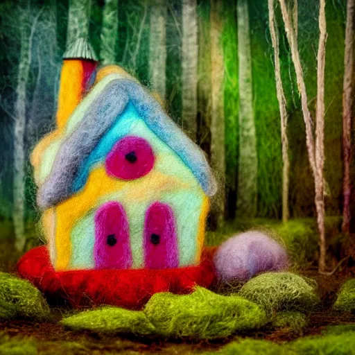 Image similar to small wooden house in the middle of enchanted forest, bright colours, watercolor, volumetric wool felting, macro photography, children illustration, by vacher christophe