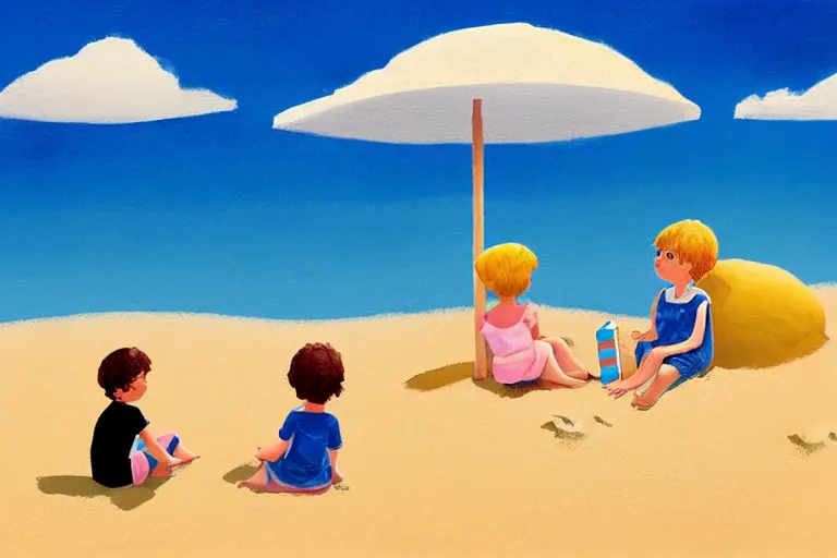 Image similar to Two children sitting on the beach making sandcastles, blue sky, artstation, children's book, HD, by Benji Davies