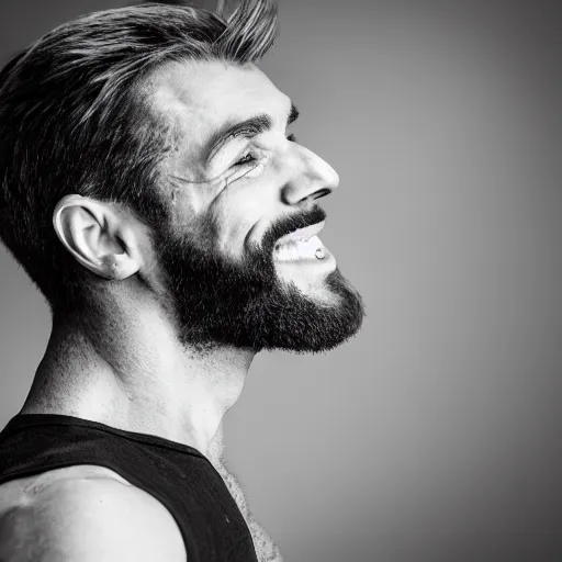 Image similar to Black and white photography of a very muscular man smiling with a chiseled jawline and trimmed beard