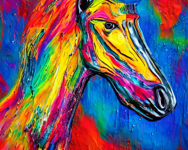 Image similar to abstract expressionist portrait of a horse head made of very thick impasto paint and acrylic pour and coloured powder explosion and splashing paint and dripping paint and flying paint chunks, motion blur, hyperrealistic, intricate art photography, anatomically correct, realistic crisp textures, 1 6 k
