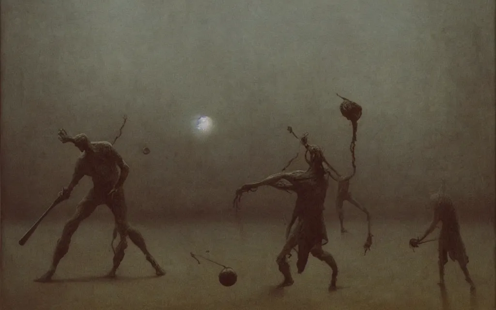 Prompt: painting of a man playing baseball with eldritch beings, by Zdzislaw Beksinski, gothic, amazing details, cold hue's, warm tone gradient background