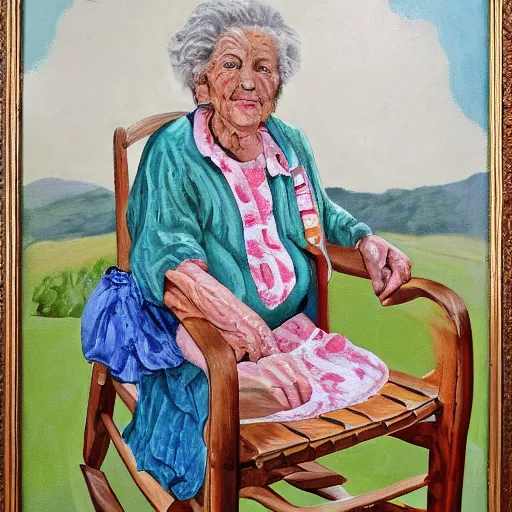 Image similar to painting of an elderly woman sitting in a rocking chair on a porch, appalachian folk art