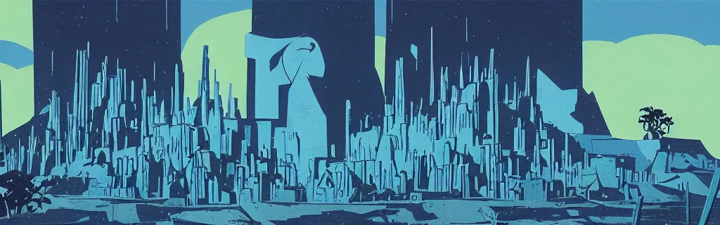 Image similar to doomsday, ruins of the city, blue and white tones, animated film, stylised, illustration, by eyvind earle, scott wills, genndy tartakovski