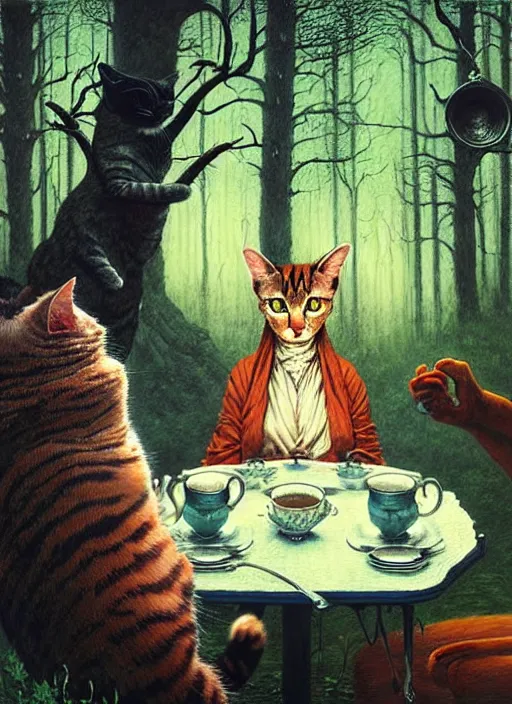 Image similar to cat having tea with a witch in the woods gorgeous lighting, lush forest foliage blue sky a hyper realistic painting by chiara bautista and beksinski and norman rockwell and greg rutkowski weta studio, and lucasfilm