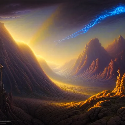 Image similar to spacetime with a beautiful ultra detailed matte painting a lush mountain range at dusk by tomasz alen kopera and Justin Gerard and Dan Mumford, tarot card, dazzling energy, ultra wide angle shot, high angle shot, intricate, fractal magic, rays of god, hyperdetailed, micro details, volumetric lighting, 8k, ray tracing, polarized lens