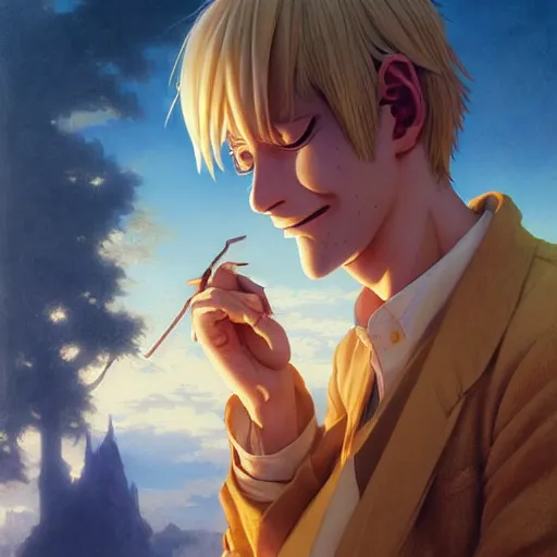 Image similar to highly detailed vfx portrait of serene sanji by eiichiro oda, blonde hair, stephen bliss, greg rutkowski, rhads, makoto shinkai, tom bagshaw, alphonse mucha, sharp focus, art by artgerm, greg rutkowski, stanley kubrick, backlit, harsh overhead sunlight, matte, johannes vermeer,