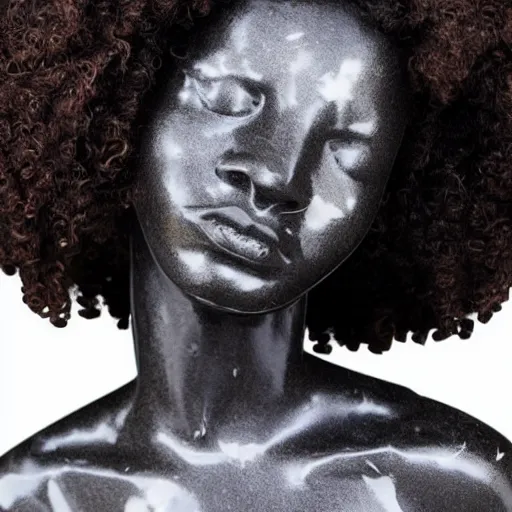 Prompt: a photorealistic all white marble sculpture of a black girl in a afro crying