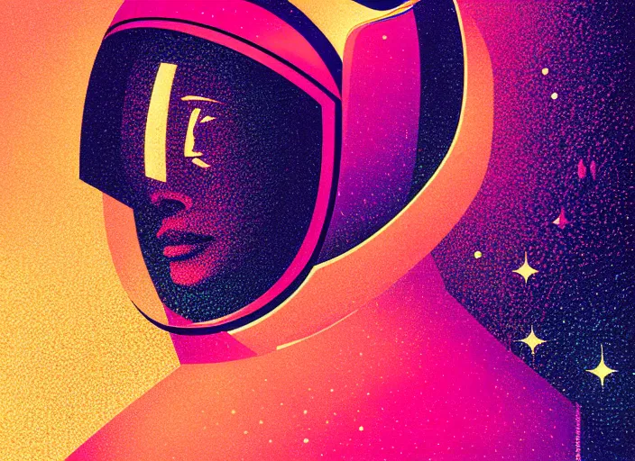 Prompt: portrait of a young astronaut girl, colorful,modern art deco, Mads Berg, Karolis Strautniekas, stippled light, fine texture, editorial illustration, dramatic lighting, dynamic composition, detailed, matte print, dynamic perspective