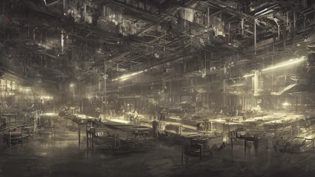 Prompt: The inside of a factory where ambrosia is being mass produced, dim fluorescent lighting, cinematic concept art, award-winning art, artstation, cold metallic atmosphere, photorealistic, hyperdetailed 3D matte painting, hyperrealism, hyperrealistic, 8k ultraHD octane render