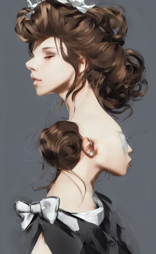 Prompt: beautiful hairstyle with a few pearls, tied with a white bow, pinterest hair picture, back of the hair, hair is the focus, In style of Yoji Shinkawa, krenz cushart, Greg Rutkowski, highly detailed