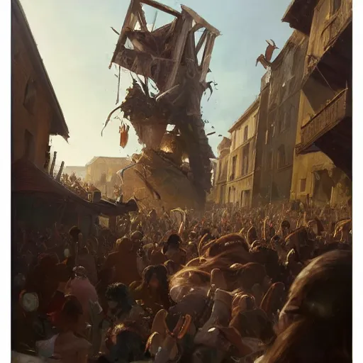 Image similar to a highly detailed oil painting of a giant rabbit smashing houses, renaissance, bystanders watching from the sides, 4 k, by greg rutkowski, artstation,