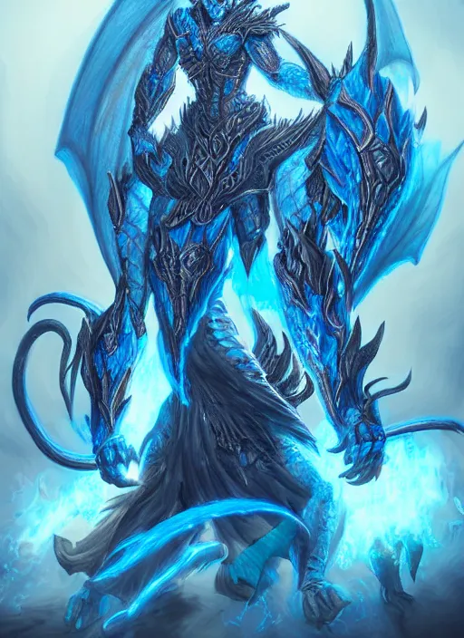 Image similar to muscular and tall blue ghostly fire humanoid dragon!!!! draconian!! intricate ornate iridescent heavy armor!! character concept art, sharp focus, octane render! unreal engine 5! highly rendered!! trending on artstation!! detailed linework!! illustration by artgerm, wlop, and chie yoshii