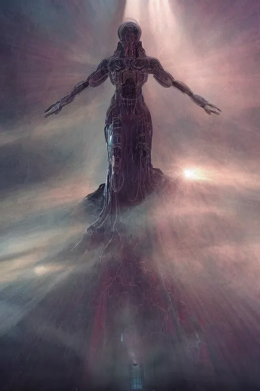 Image similar to godess of artificial intelligence floating above the humanity, sharp focus, god rays, volumetric light, by rozalski, by wayne barlowe, cinematic, light from above, cinematic shot, megalophobia