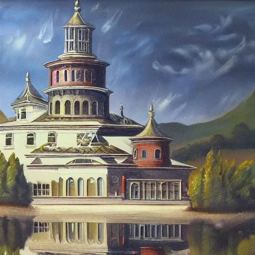 Image similar to a beautiful painting of a building in a serene landscape, steampunk