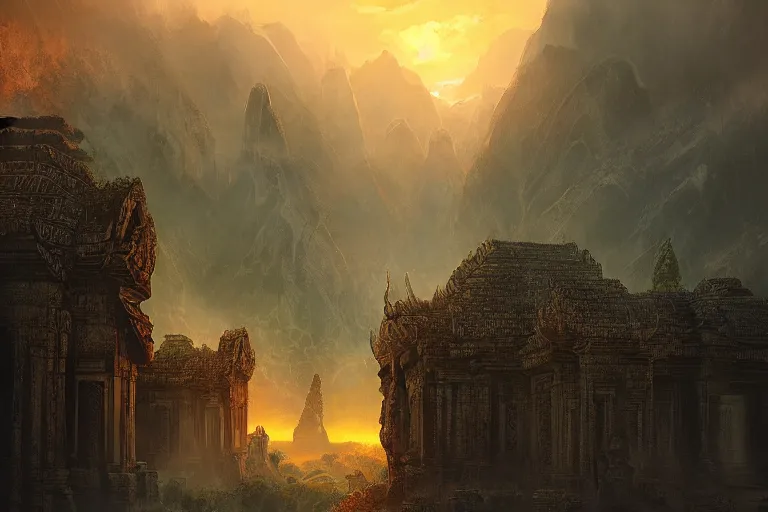 Prompt: cinematic lighting fantasy painting, an ancient land, sunset and ominous shadows over the kingdom, rivers and vilalges brutalist angkor rivendell by jessica rossier