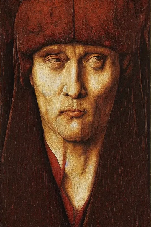 Image similar to portrait of satan, disturbing oil painting by jan van eyck, northern renaissance art, oil on canvas, wet - on - wet technique, realistic, expressive, detailed textures, illusionistic detail