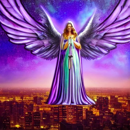 Image similar to a HD photo of a gigantic biblically accurate angel over a city, purple, violet, gold, epic lighting, hyper detailed, throne, rings with eyes