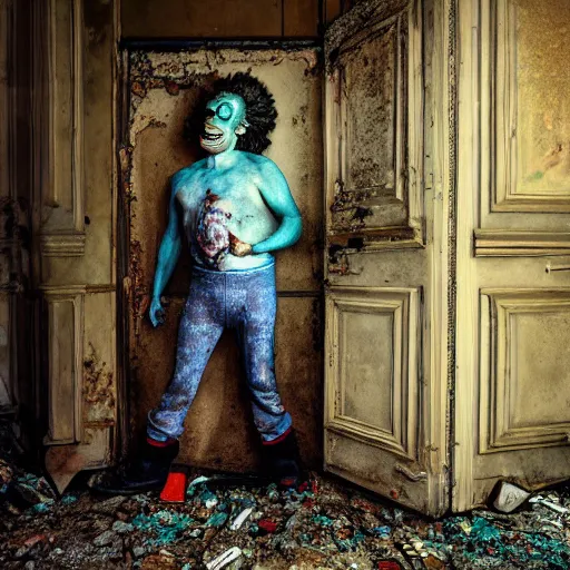 Prompt: UHD photo of Krusty The Clown in an abandoned building, by Annie leibowitz, photorealisitc ,detailed