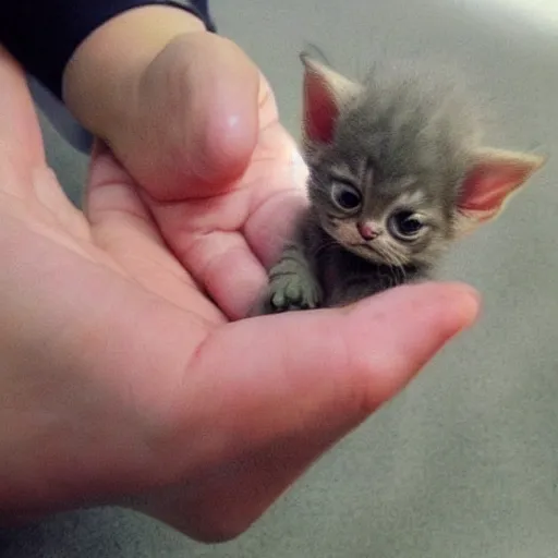 Image similar to a cute baby yoda-kitten hybrid in the palm of a person's hand and a real kitten in the other hand