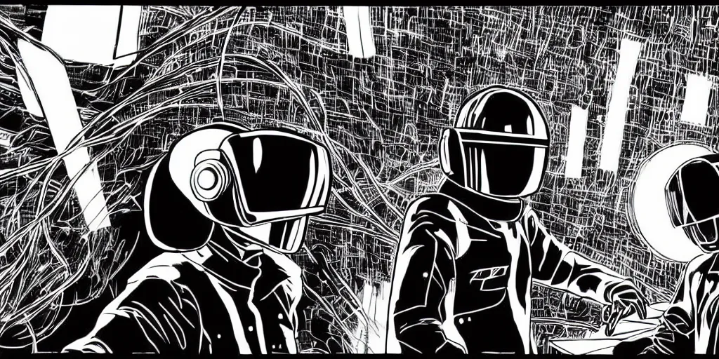 Image similar to detailed black ink manga artwork of 2 Daft Punk robot rock using Apple notebook Macbook at an underground warehouse rave in Ibiza, playing techno house music, thousands of beautiful girls in bikini dancing, in the style of manga illustration, wires, speakers, black and white ink