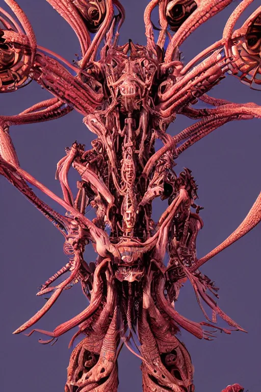Prompt: hyper-maximalist overdetailed 3d sculpture of a biomechanical insectoid monster by clogtwo and ben ridgway. 8k. Generative art. Fantastic realism. Scifi feel. Extremely Ornated. Intricate and omnious. Tools used: Blender Cinema4d Houdini3d zbrush. Unreal engine 5 Cinematic. Beautifully lit. No background. artstation. Deviantart. CGsociety. Inspired by beastwreckstuff and jimbo phillips. Cosmic horror infused retrofuturist style. Hyperdetailed high resolution Render by binx.ly in discodiffusion. Dreamlike polished render by machine.delusions. Sharp focus.