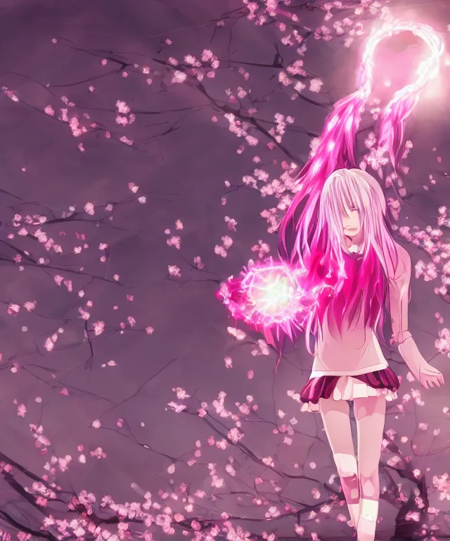 Prompt: anime girl with light pink hair with pink flames, video game, cherry blossoms, neo tokyo, symmetrical,