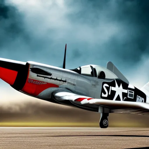 Prompt: P-51 Mustang flying in the clouds, chrome and invasion stripes, close-up, intricate details, intricate textures, warm lighting, vivid colors, realistic octane render, hyper realistic render, volumetric shading, depth of field, raytracing, 8k,