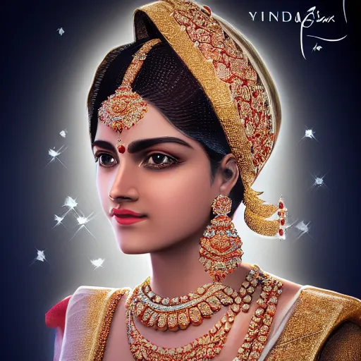 Image similar to portrait of hindi princess with diamond jewelry, ornate, 8 k, gorgeous, intricate, detailed, glowing white accent lighting, dramatic lighting, octane render
