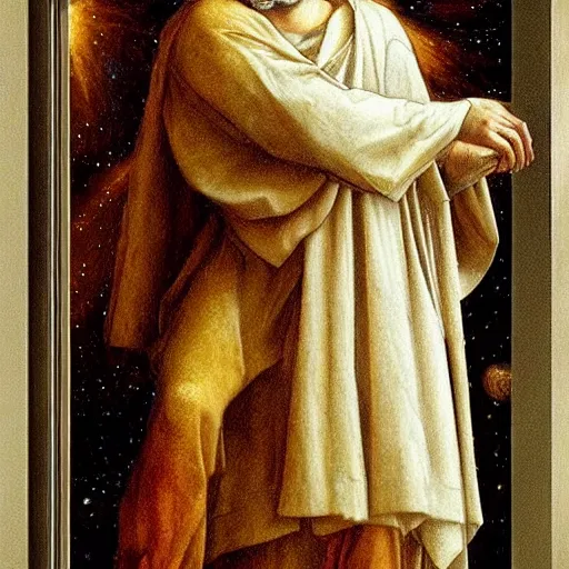 Image similar to photo - realism, space astronaut opening door that shows space and time like jesus christ portrait created by leonardo davinci with extra detail, epic, perfection.