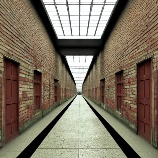 Image similar to a long asylum hallway, one point perspective, vanishing point, symmetrical composition, by lee madgwick, photorealistic, lumion render - w 1 0 2 4