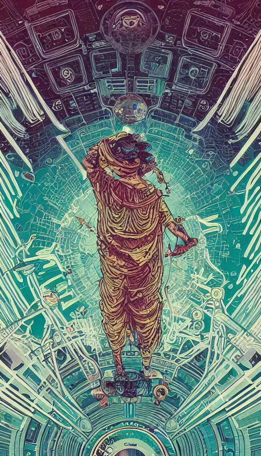 Image similar to the ancient oracle of cosmic travellers, futurism, dan mumford, victo ngai, kilian eng, da vinci, josan gonzalez