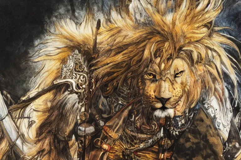 Image similar to 8k Yoshitaka Amano painting of upper body of a young cool looking lion beast-man with white mane at a medieval market at windy day. Depth of field. He is wearing complex fantasy bohemian clothing. He has huge paws. Renaissance style lighting.