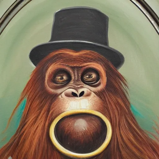 Image similar to framed portrait painting of an anthropomorphized orangutan, wearing a monocle and a small bowler hat, oversized mustache. dark outlining style. highly detailed. style of chuck u