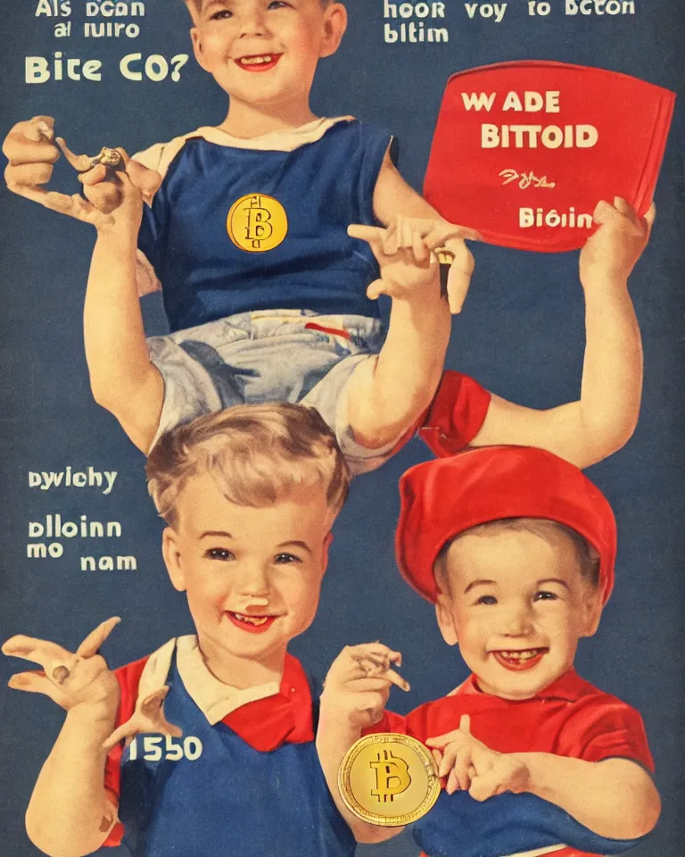 Prompt: 1950s advertisement with a smiling happy toddler boy holding up a coin with the Bitcoin logo using both hands, casual clothing, clear happy smiling face, highly detailed realistic